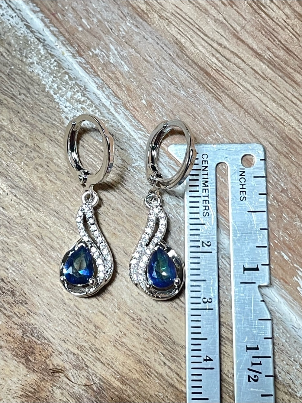 Blue Green AB Mystic Stone Teardrop Dangle Earrings in Silver Tone Setting - Picture 4 of 4